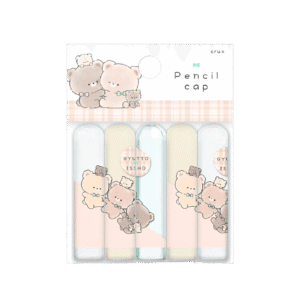 Close-up shot of this kawaii pastel pencil cap set with 5 pieces in the pack, made in Japan, featuring 3 cute cartoon animal illustrations - bears holding hands and playing with their lovely mini bears, created by CRUX in its series named Gyutto Issho.