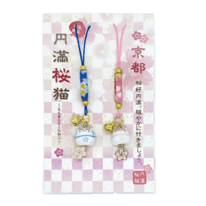 phone strap paired ceramic cat & cherry blossom