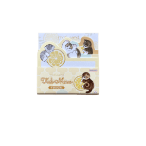 Front view of a Mofusand die-cut block sticky memo pad packaged in a yellow desk holder labeled Tack Memo 4 Designs, featuring a kitten curling around a slice of lemon.