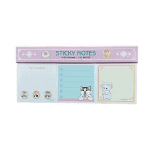 Front view of a Mofusand Dim Sum sticky note pad set showing three sticky note designs: grid paper with dim sum cats, a blue checklist pad with a cat, and a cream note with a cat in a dumpling hood.