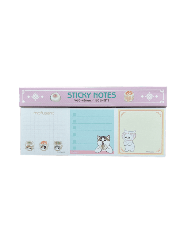 Front view of a Mofusand Dim Sum sticky note pad set showing three sticky note designs: grid paper with dim sum cats, a blue checklist pad with a cat, and a cream note with a cat in a dumpling hood.