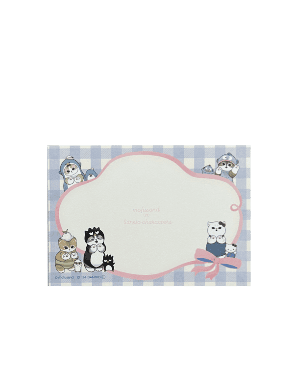 Horizontal memo sheet with a central white writing area framed by a light pink ribbon border on a blue gingham pattern, decorated with mofusand cats dressed as Tuxedosam, Hangyodon, Hello Kitty, and Badtz-Maru in the corners.