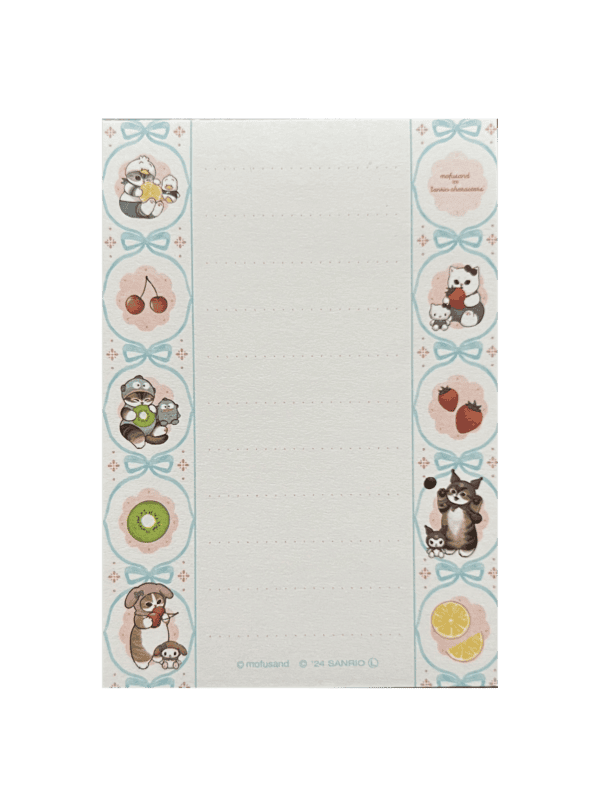 Vertical lined memo page with blue bow-patterned side borders featuring mofusand cats paired with fruit motifs and Sanrio characters like Cinnamoroll, Hello Kitty, My Melody, and Kuromi.