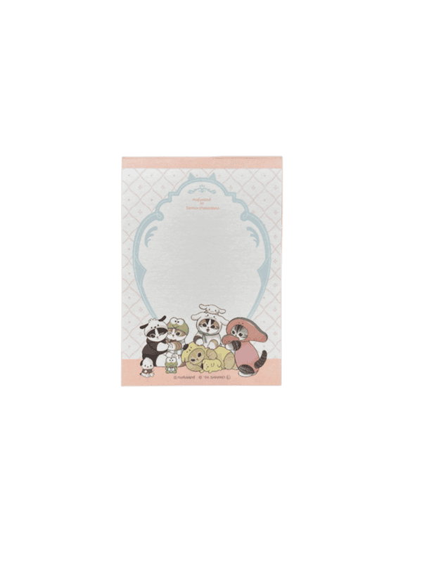 Vertical memo sheet with a blank white center framed by an ornate light blue border on a faint pink patterned background. At the bottom is an illustration of mofusand cats dressed as Sanrio characters, including Pochacco, Keroppi, Pompompurin, Cinnamoroll, and My Melody.