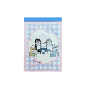 Front cover of a mini memo pad featuring mofusand cats dressed as Sanrio characters—including Hello Kitty, Badtz-Maru, Tuxedosam, and Hangyodon—inside a oval pink ribbon border on a blue and white gingham background.
