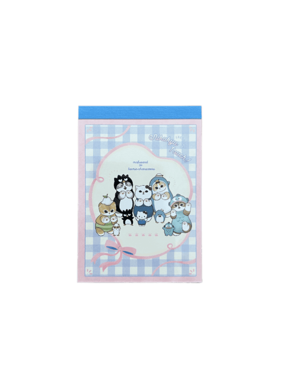 Front cover of a mini memo pad featuring mofusand cats dressed as Sanrio characters—including Hello Kitty, Badtz-Maru, Tuxedosam, and Hangyodon—inside a oval pink ribbon border on a blue and white gingham background.