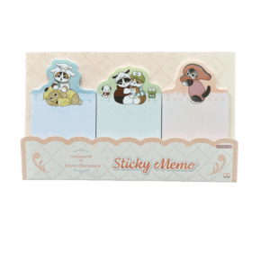 Front view of a Mofusand x Sanrio Characters sticky memo set sitting inside a scalloped cardboard pocket display labeled Sticky Memo.