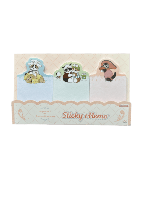 Front view of a Mofusand x Sanrio Characters sticky memo set sitting inside a scalloped cardboard pocket display labeled Sticky Memo.