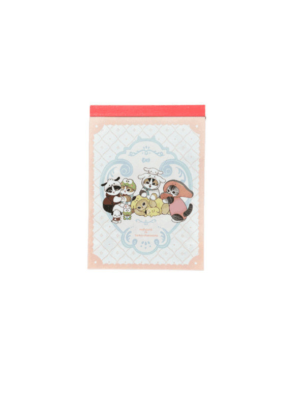 Front cover of a mini memo pad on a black background featuring mofusand cats dressed up as Sanrio characters—including Cinnamoroll, Pompompurin, Pochacco, Keroppi, and My Melody—centered inside an ornate light blue frame with a red spine tape.