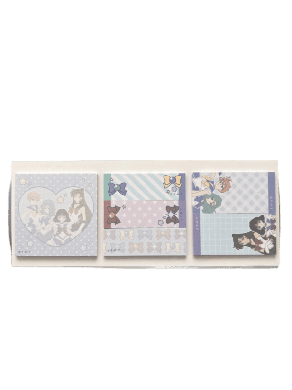 Inside view showing three sticky memo pads including square character illustrations of the Outer Guardians and rectangular tab memos decorated with Sailor Guardian bows, ribbons, and pastel patterns.
