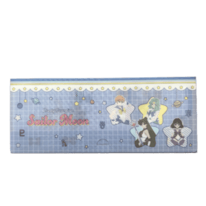 Front view of a clear protective plastic pouch featuring the Pretty Guardian Sailor Moon logo alongside illustrations of Sailor Uranus, Sailor Neptune, Sailor Pluto, and Sailor Saturn against a blue grid background with stars and planetary symbols.