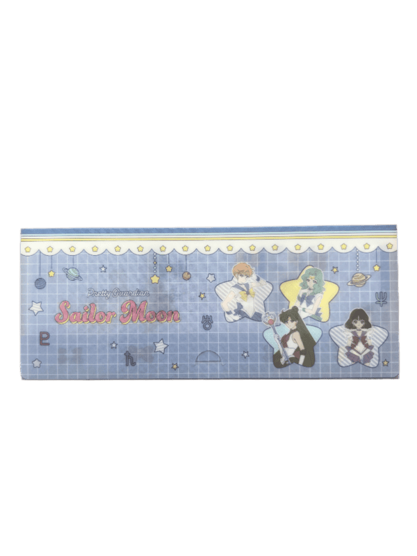 Front view of a clear protective plastic pouch featuring the Pretty Guardian Sailor Moon logo alongside illustrations of Sailor Uranus, Sailor Neptune, Sailor Pluto, and Sailor Saturn against a blue grid background with stars and planetary symbols.