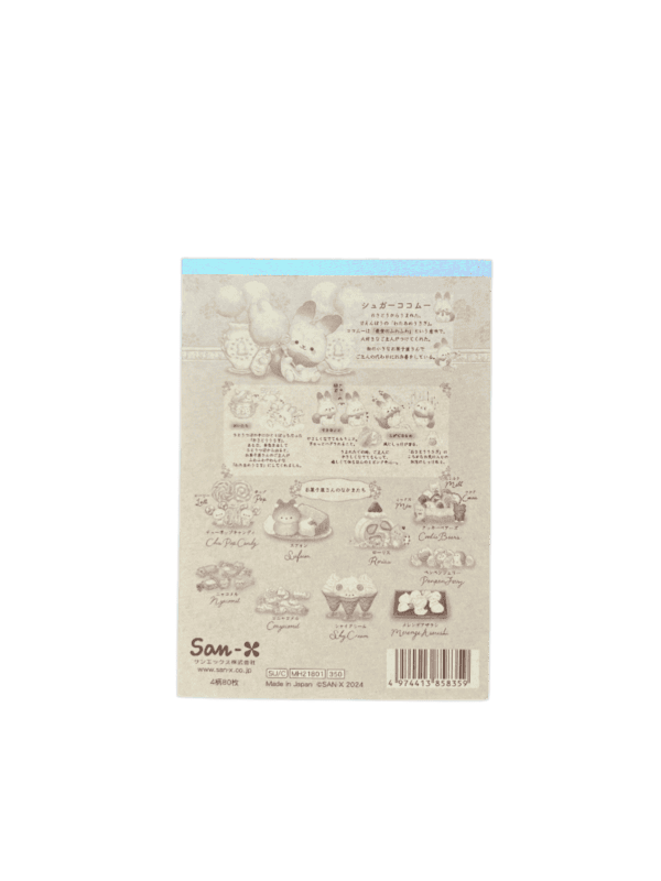 Back cover of a memo pad displaying character bios, sweet treats, and San-X copyright details above a barcode.