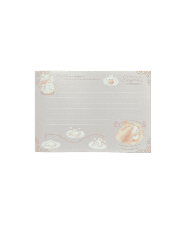 Horizontal pink memo pad page with white writing lines surrounded by soft illustrations of the bunny being petted and relaxing in sugar.