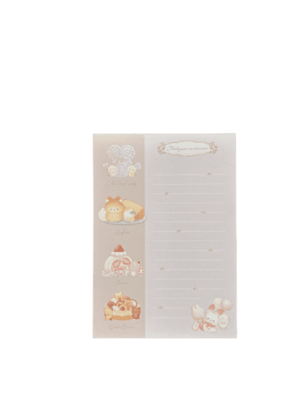 Vertical lined memo page with a side column featuring dessert-themed character illustrations including Chu Pop Candy, Chiffon, Rorisu, and Cookie Bears.