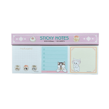 Front view of a Mofusand Dim Sum sticky note pad set showing three sticky note designs: grid paper with dim sum cats, a blue checklist pad with a cat, and a cream note with a cat in a dumpling hood.