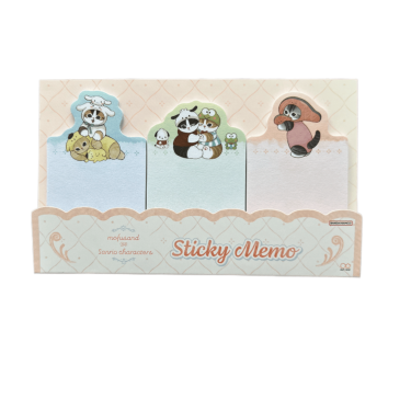 Front view of a Mofusand x Sanrio Characters sticky memo set sitting inside a scalloped cardboard pocket display labeled Sticky Memo.