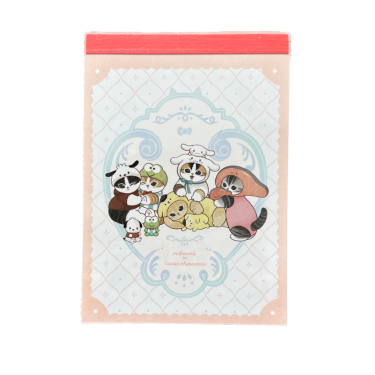 Front cover of a mini memo pad on a black background featuring mofusand cats dressed up as Sanrio characters—including Cinnamoroll, Pompompurin, Pochacco, Keroppi, and My Melody—centered inside an ornate light blue frame with a red spine tape.