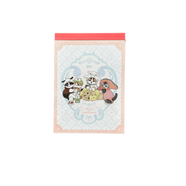 Front cover of a mini memo pad on a black background featuring mofusand cats dressed up as Sanrio characters—including Cinnamoroll, Pompompurin, Pochacco, Keroppi, and My Melody—centered inside an ornate light blue frame with a red spine tape.