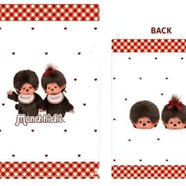 Front and back view of a white A4 clear file. The front shows the Monchhichi boy and girl sitting together above the Monchhichi logo. The back features close-up busts of the twin characters. Both sides are decorated with scattered tiny red hearts and red gingham borders at the top and bottom.