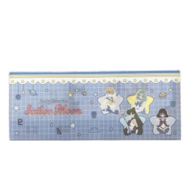 Front view of a clear protective plastic pouch featuring the Pretty Guardian Sailor Moon logo alongside illustrations of Sailor Uranus, Sailor Neptune, Sailor Pluto, and Sailor Saturn against a blue grid background with stars and planetary symbols.