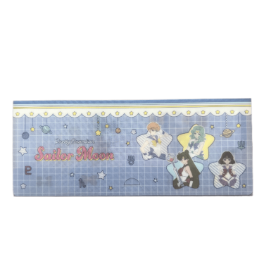 Front view of a clear protective plastic pouch featuring the Pretty Guardian Sailor Moon logo alongside illustrations of Sailor Uranus, Sailor Neptune, Sailor Pluto, and Sailor Saturn against a blue grid background with stars and planetary symbols.