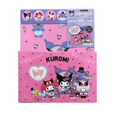 Front view of the packaged Sanrio letter set featuring Kuromi, My Melody, and My Sweet Piano, displaying the product header card, patterned letter sheet, and envelope.