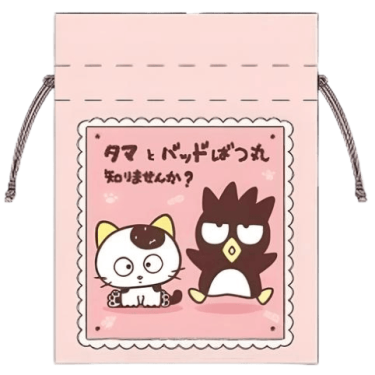A light pink drawstring pouch featuring a collaboration graphic of Tama from Tama & Friends and Sanrio's Badtz-Maru inside a framed illustration.