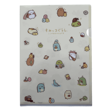 Front view of a Sumikkogurashi clear file folder with gold foil detailing and a scatter pattern of various character illustrations on a white background.