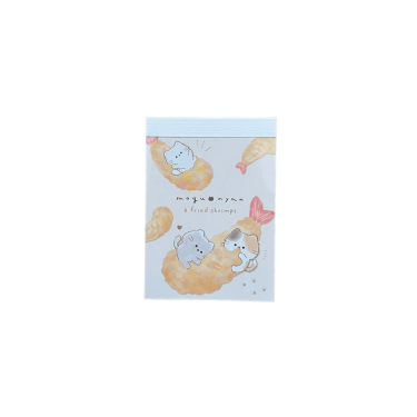 Cover of Kamio Japan Mogu Nyan & Fried Shrimps mini memo pad featuring cute white and calico kittens cuddling and hugging crispy fried tempura shrimp.