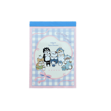 Front cover of a mini memo pad featuring mofusand cats dressed as Sanrio characters—including Hello Kitty, Badtz-Maru, Tuxedosam, and Hangyodon—inside a oval pink ribbon border on a blue and white gingham background.