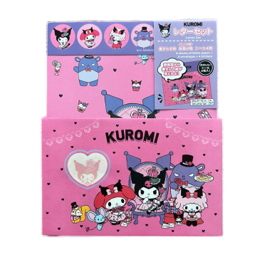 Front view of the packaged Sanrio letter set featuring Kuromi, My Melody, and My Sweet Piano, displaying the product header card, patterned letter sheet, and envelope.