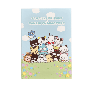 Front cover of Tama and Friends x Sanrio Characters quad-folding memo pad featuring a group illustration of Tama, Pochacco, Badtz-Maru, and friends gathered in a grassy flower field under a blue sky.